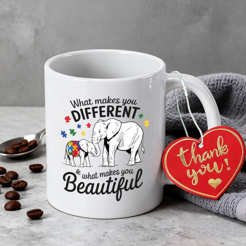 Tailorly White Ceramic 11 oz Mug - What Makes You Different Is What Makes You Beautiful Hand Drawn Style With Colorful Puzzle Pieces Supporting Autism Awareness