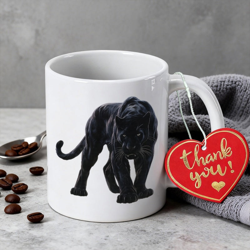 Tailorly White Ceramic 11 oz Mug - Thank You Powerful Black Feline Walking Forward With Intense Gaze Muscular Body Panther