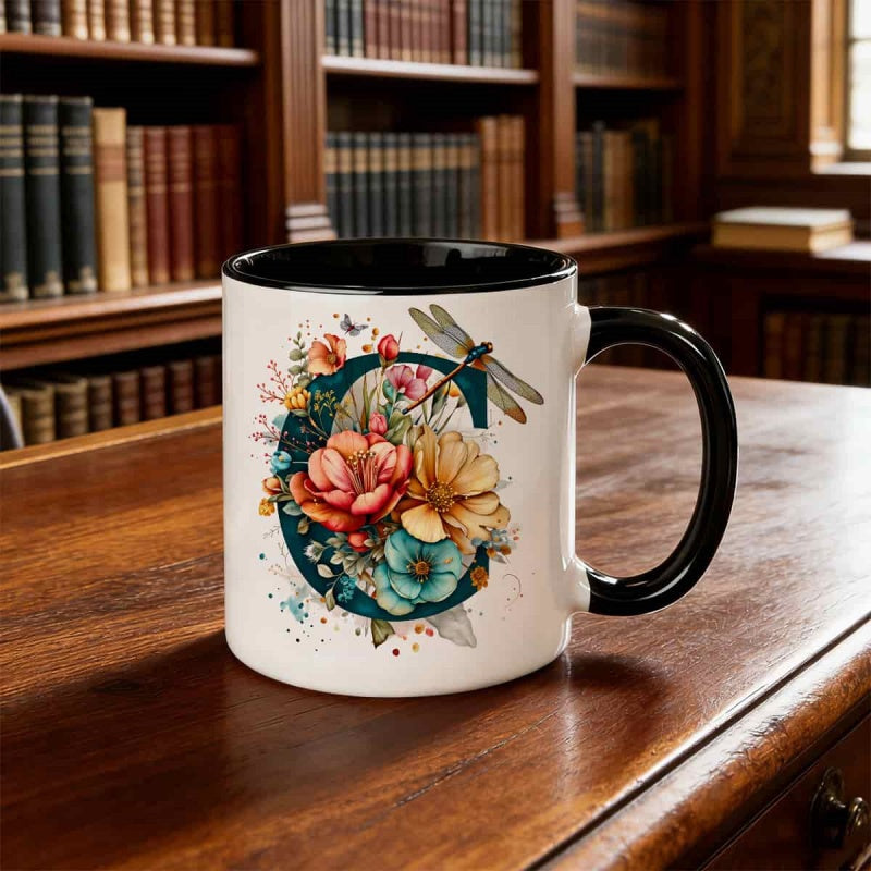 Tailorly Black Accent 11 oz Mug - multicolor floral dragonfly