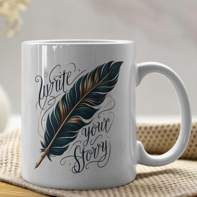 Tailorly White Ceramic 11 oz Mug - Write Your Story Dark Detailed Quill With Artistic Golden Swirls And Elegant Calligraphy Feather