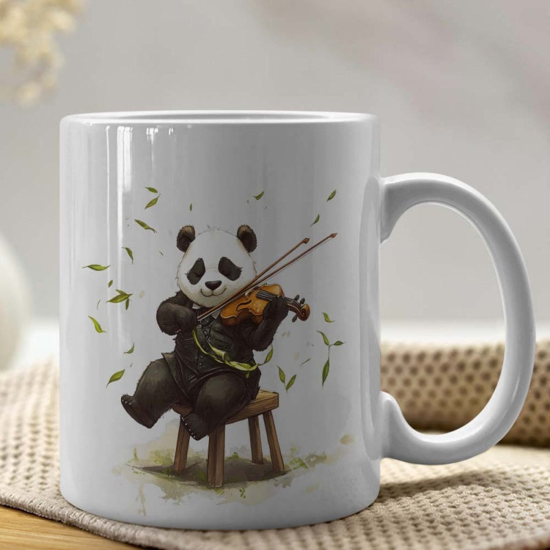 Tailorly White Ceramic 11 oz Mug - Adorable Musical Playing Violin Sitting On Stool With Floating Leaves Panda