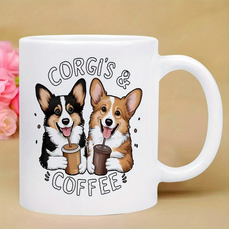 Tailorly White Ceramic 11 oz Mug - Corgis Coffee Two Adorable Smiling Puppies Sitting Together Holding Cold Drinks Corgi