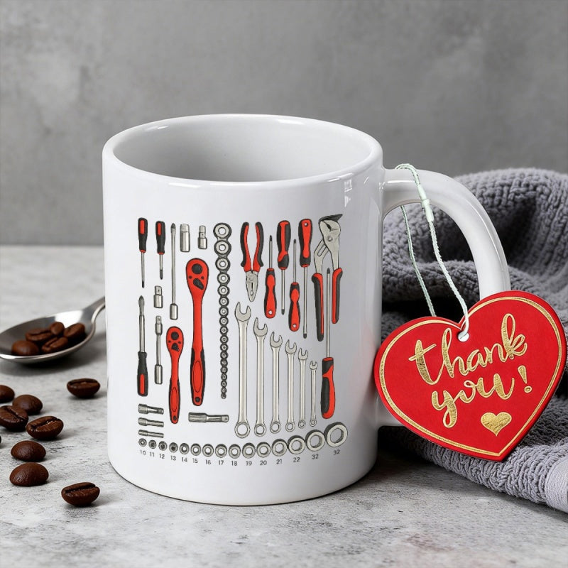 Tailorly White Ceramic 11 oz Mug - Thank You Organized Set Of Red Mechanical Professional Workshop Repair Maintenance Tools