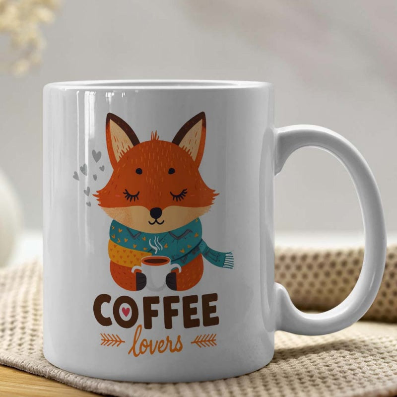 Tailorly White Ceramic 11 oz Mug - Coffee Lovers Cute Cartoon Orange Fox Wearing A Cozy Scarf Holding Coffee Fox