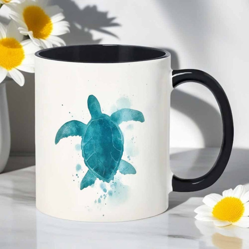 Tailorly Black Accent 11 oz Mug - watercolor sea turtle in blue