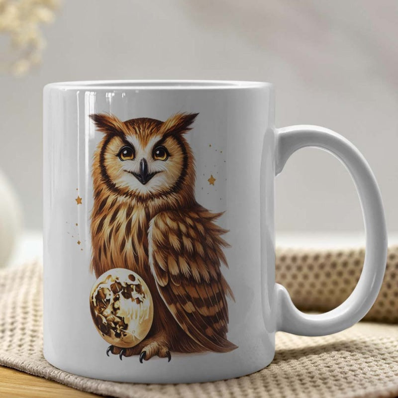 Tailorly White Ceramic 11 oz Mug - Majestic Brown Feathered Owl Perched Beside A Glowing Textured Full Moon Owl