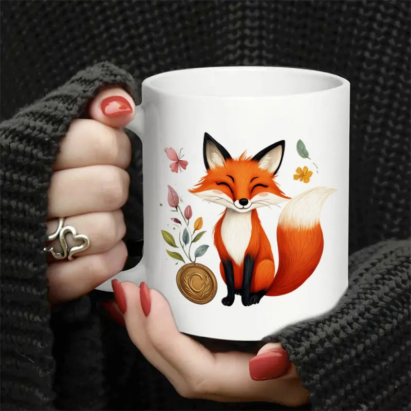 Tailorly White Ceramic 11 oz Mug - Cute Orange Fox Sitting Among Colorful Leaves And Delicate Butterfly Fox