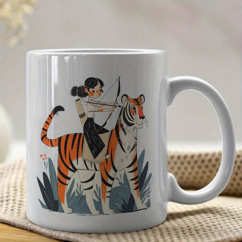 Tailorly White Ceramic 11 oz Mug - Brave Little Archer Girl Riding Through Jungle Grass Upon A Mighty Tiger