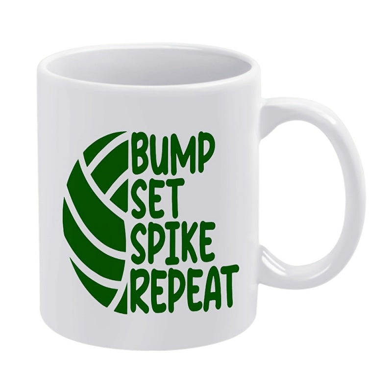 Tailorly White Ceramic 11 oz Mug - Bump Set Spike Repeat Minimalist Green Graphic Lines Forming Half Of A Professional Sport Volleyball