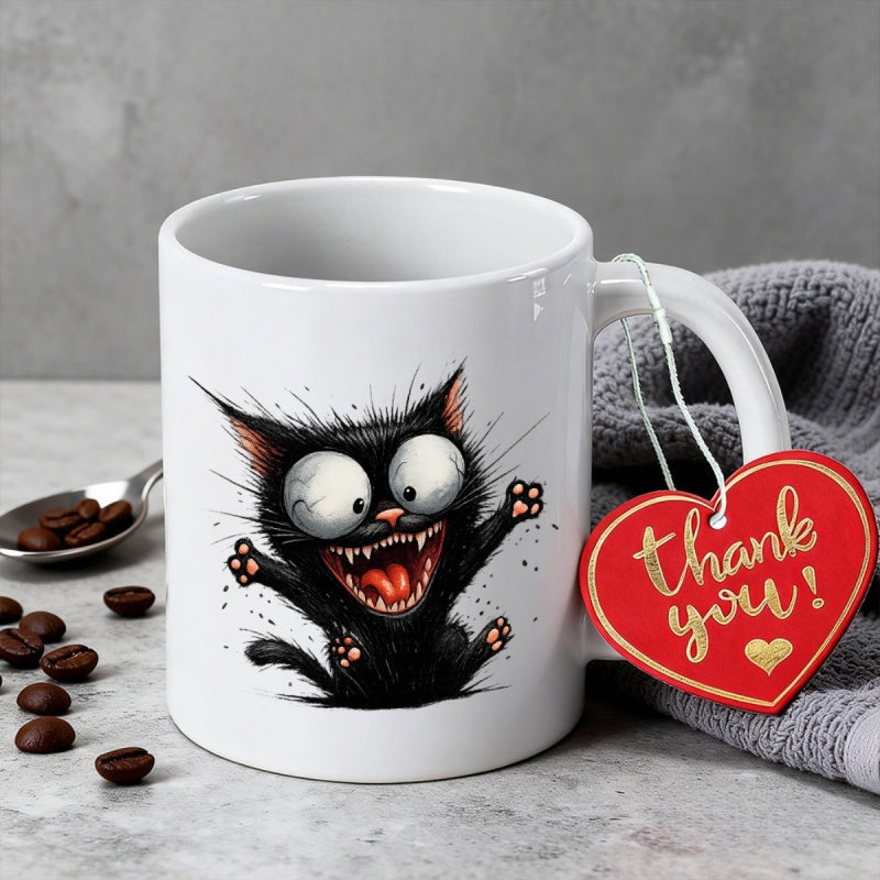 Tailorly White Ceramic 11 oz Mug - Thank You Wild Eyed Black Cat With Sharp Fangs And Expressive Paws Cat