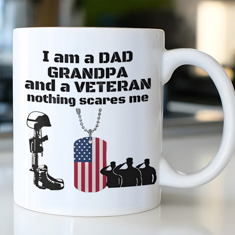 Tailorly White Ceramic 11 oz Mug - I Am A Dad Grandpa And A Veteran Nothing Scares Me Saluting Soldiers Silhouette With American Flag Dog Tags And Military