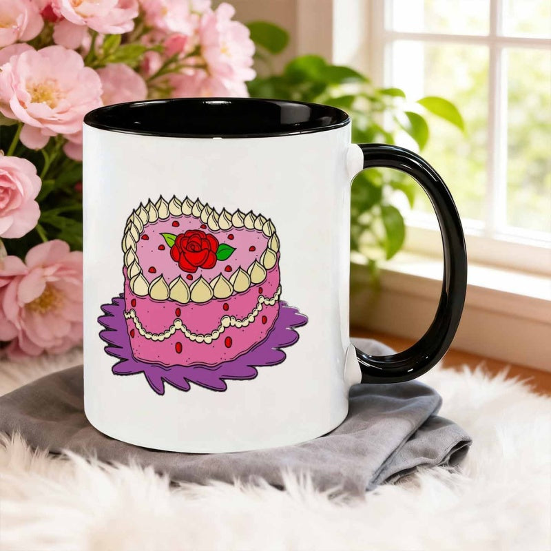 Tailorly Black Accent 11 oz Mug - cartoon style pink cake decorated with red roses