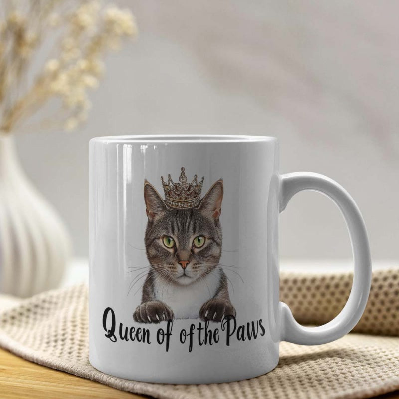 Tailorly White Ceramic 11 oz Mug - Queen Of Of The Paws Regal Domestic Feline With Golden Crown Sitting In Calm Pose Cat