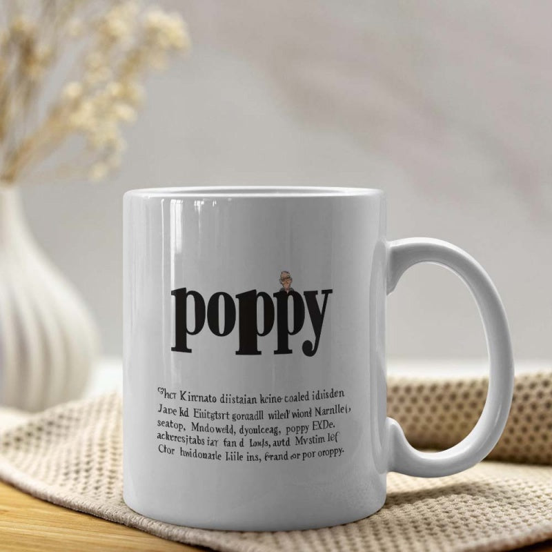 Tailorly White Ceramic 11 oz Mug - Poppy Minimalist Clean With Bold Black Lettering Mug