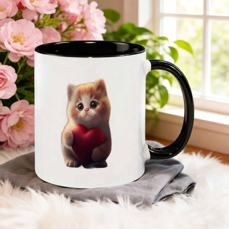 Tailorly Black Accent 11 oz Mug - realistic cat holding a red heart