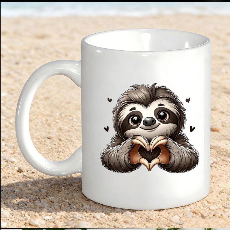 Tailorly White Ceramic 11 oz Mug - Adorable Furry Mammal Forming Heart Symbol Surrounded By Tiny Hearts Sloth