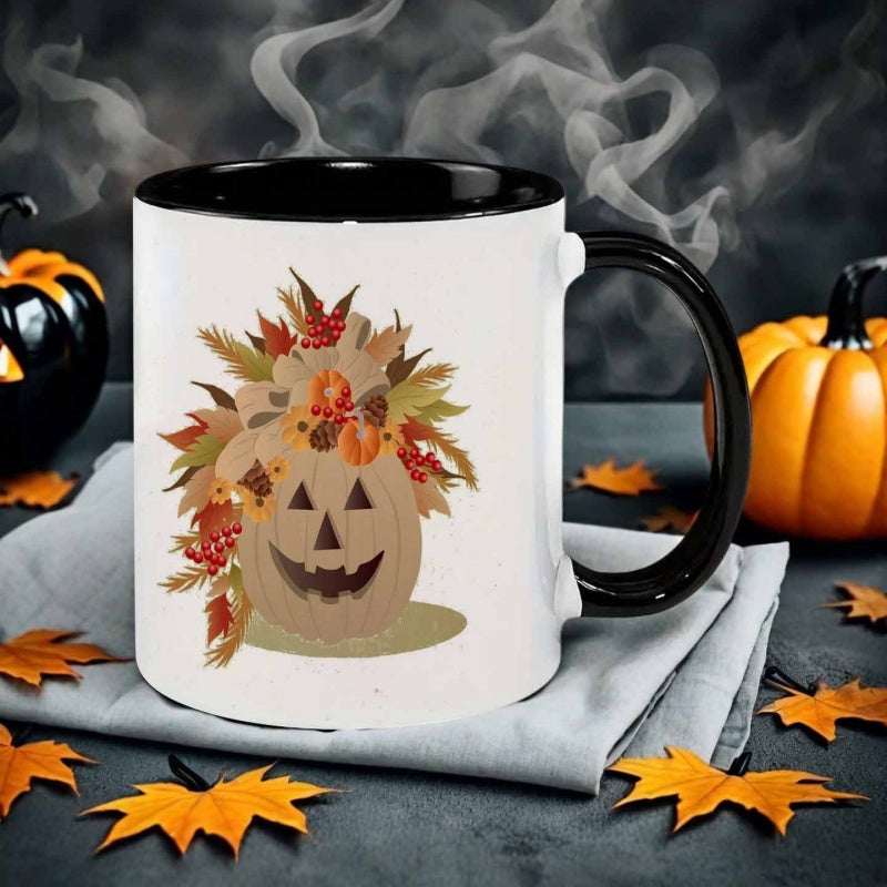 Tailorly Black Accent 11 oz Mug - decorated pumpkin illustration