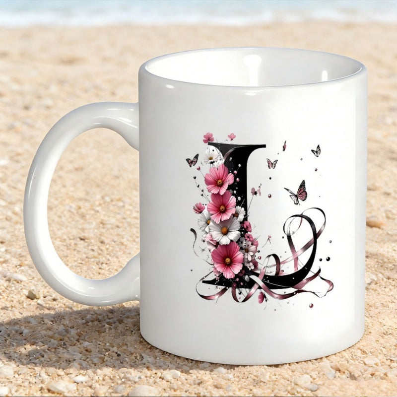 Tailorly White Ceramic 11 oz Mug - L Decorative Floral Design With Butterflies Flying Around Elegant Monogram