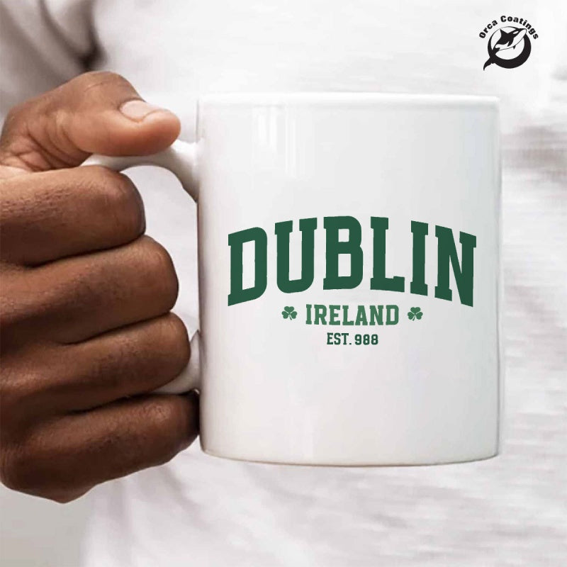 Tailorly White Ceramic 11 oz Mug - Dublin Ireland Est 988 Vintage Green Varsity Lettering Flanked By Small Symmetrical Clovers Dublin
