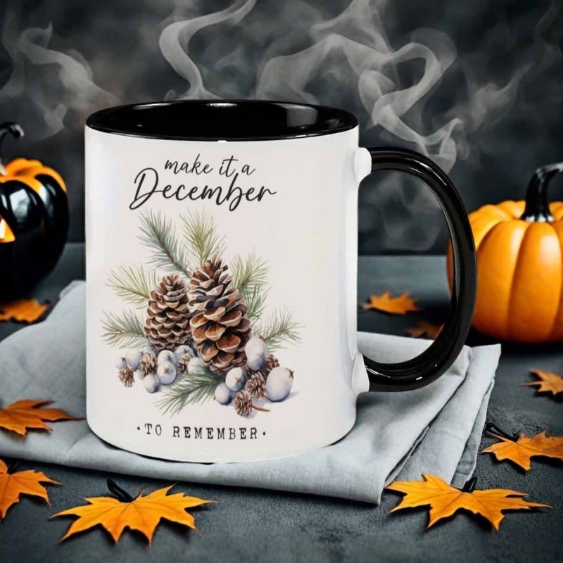 Tailorly Black Accent 11 oz Mug - watercolor style winter pine branches