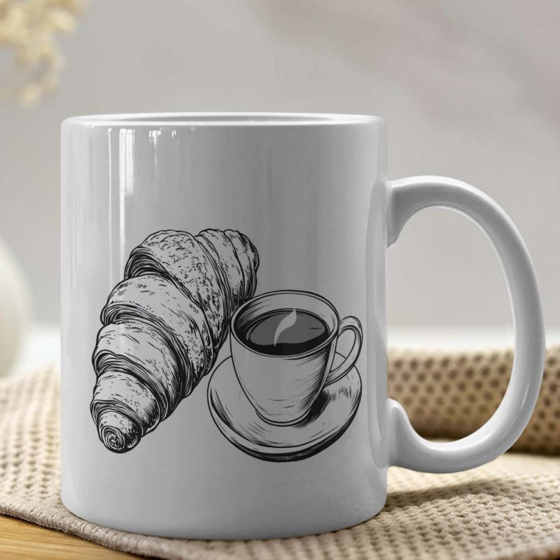 Tailorly White Ceramic 11 oz Mug - Vintage Sketch Style Breakfast With Steaming Coffee Cup And Fresh Flaky Croissant