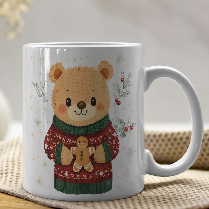 Tailorly White Ceramic 11 oz Mug - Adorable Little Brown Animal Wearing Festive Red Christmas Sweater Holding Gingerbread Cookie Bear