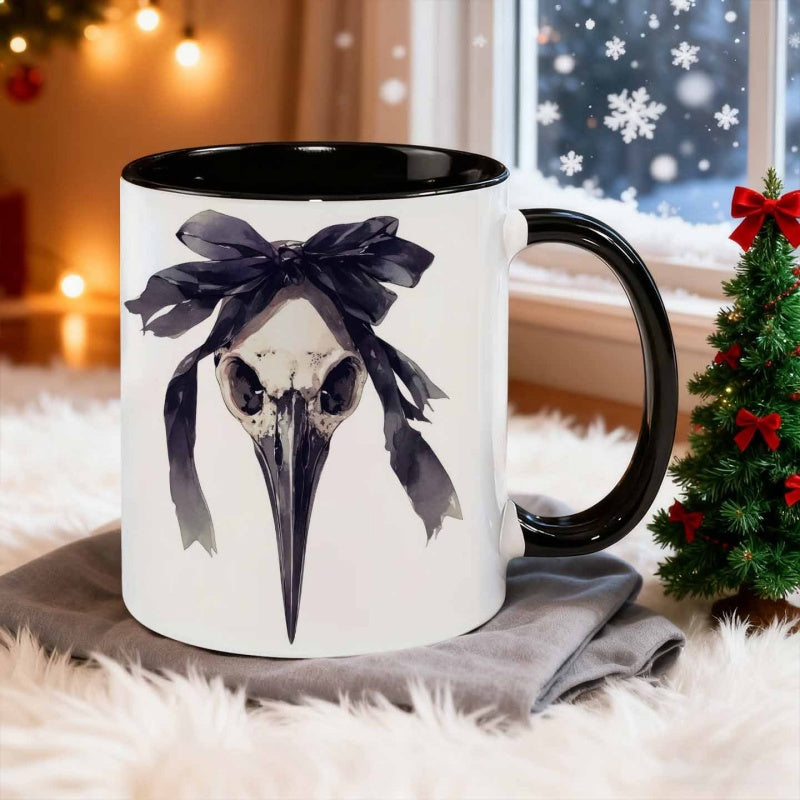Tailorly Black Accent 11 oz Mug - watercolor style crow skull