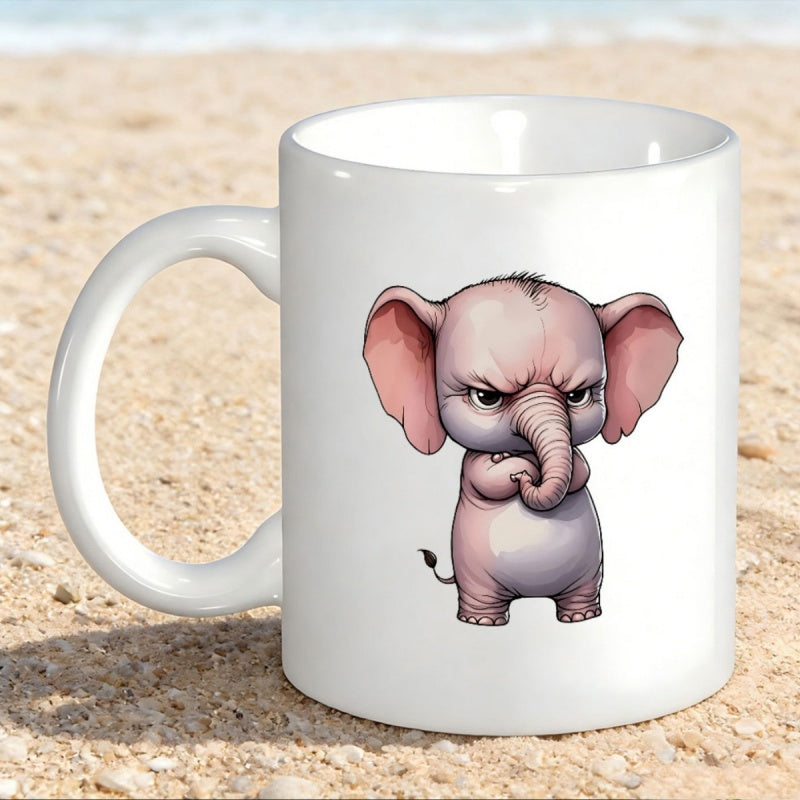 Tailorly White Ceramic 11 oz Mug - Grumpy Little Pink Cartoon With Large Ears And Small Trunk Elephant