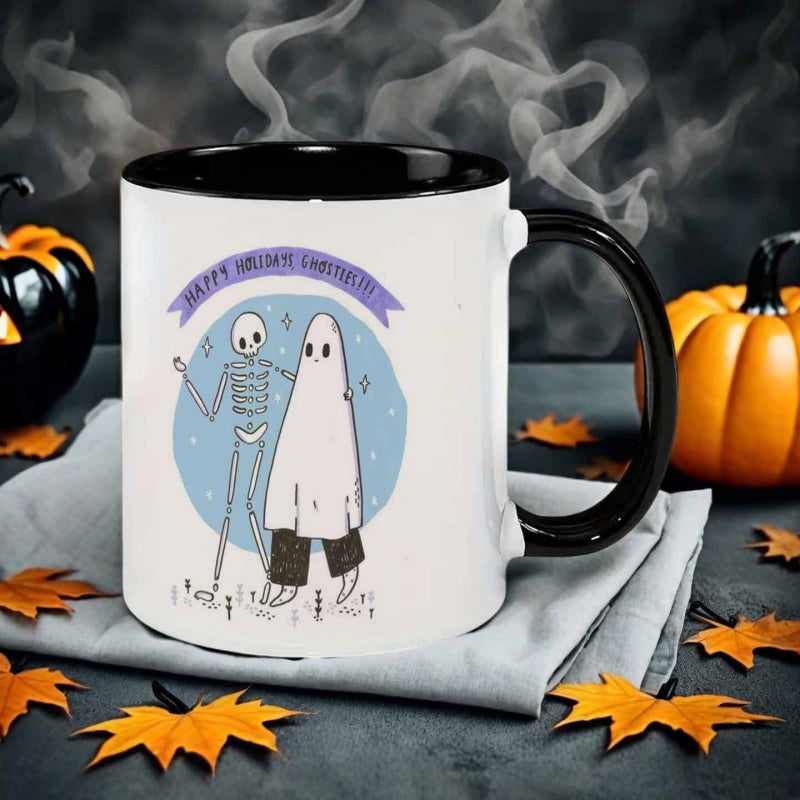 Tailorly Black Accent 11 oz Mug - cartoon style skeleton ghost