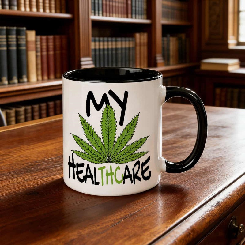 Tailorly Black Accent 11 oz Mug - pattern coffee cup with coffee beans and 420 day theme