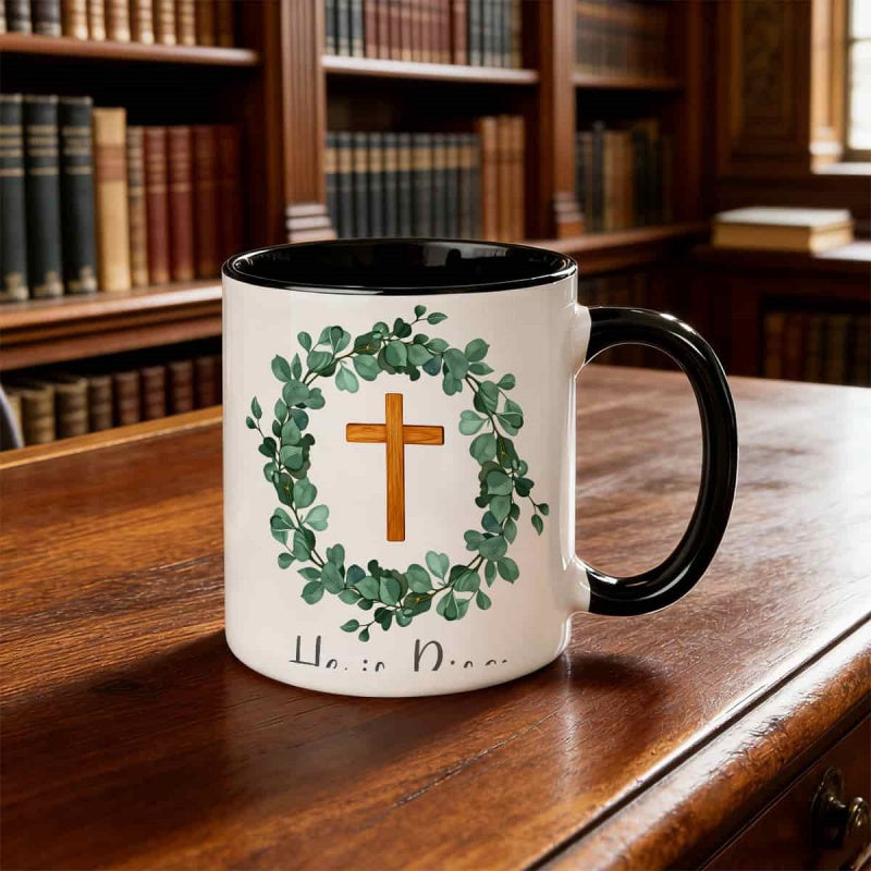 Tailorly Black Accent 11 oz Mug - olive green cross eucalyptus wreath
