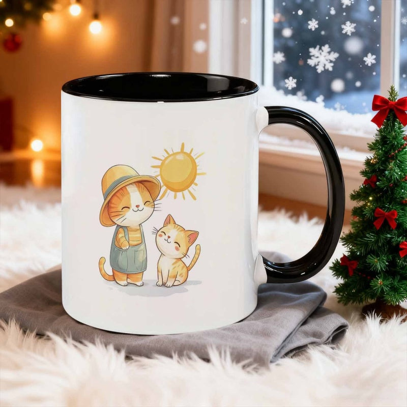 Tailorly Black Accent 11 oz Mug - cat and sun warm scene