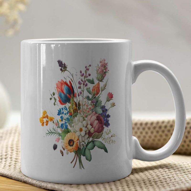Tailorly White Ceramic 11 oz Mug - Beautiful Watercolor Botanical Garden Bouquet With Blooming Delicate Summer Flower