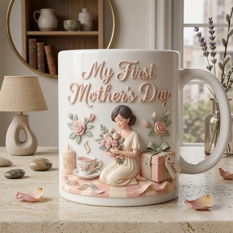 Tailorly White Ceramic 11 oz Mug - My First Mothers Day Graceful Woman Holding Pink Rose Bouquet Beside Elegant Gift Box Mother