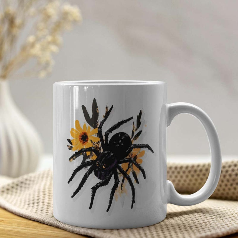 Tailorly White Ceramic 11 oz Mug - Detailed Black Spider Crawling Among Bright Yellow Blooming Sunflower Petals And Leaves Spider
