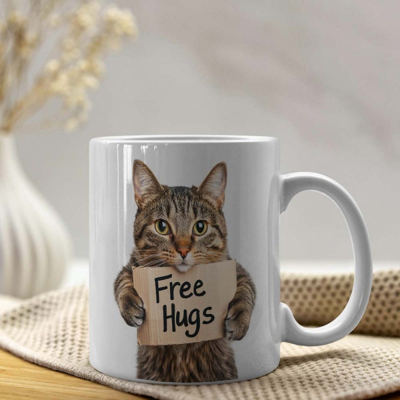 Tailorly White Ceramic 11 oz Mug - Free Hugs Adorable Brown Tabby Cat Holding A Cardboard Sign With Heartwarming Message Cat