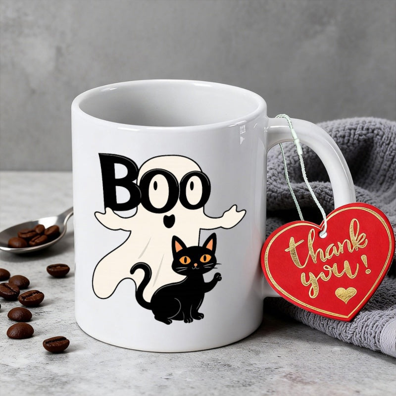 Tailorly White Ceramic 11 oz Mug - Boo Playful White Ghost Standing Behind A Small Sitting Black Halloween Cat
