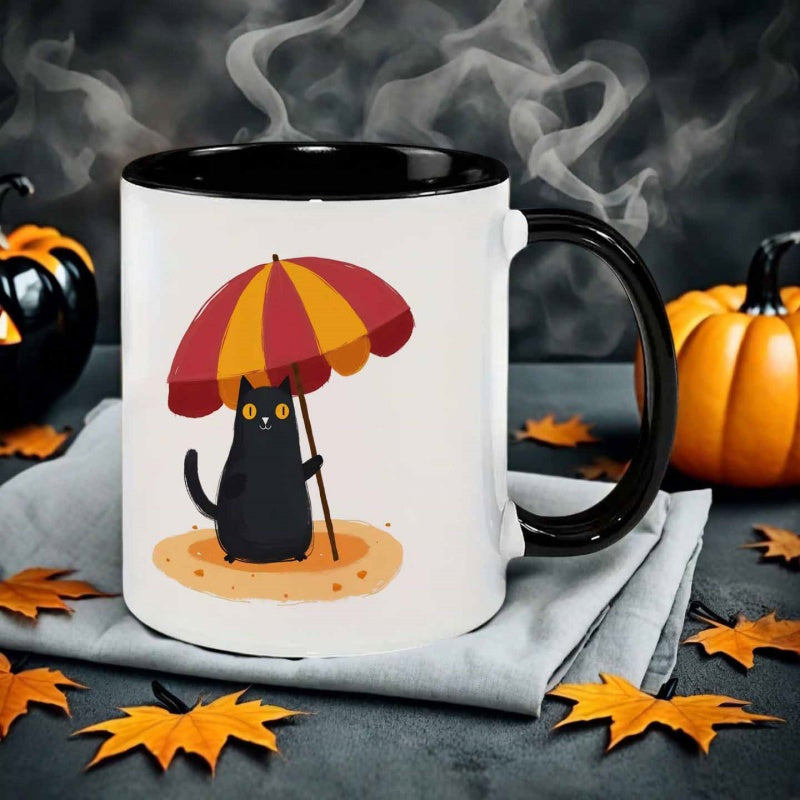 Tailorly Black Accent 11 oz Mug - cartoon style black cat under umbrella