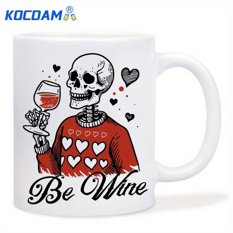 Tailorly White Ceramic 11 oz Mug - Be Wine Wearing Red Heart Sweater Holding A Glass Of Red Wine Skeleton