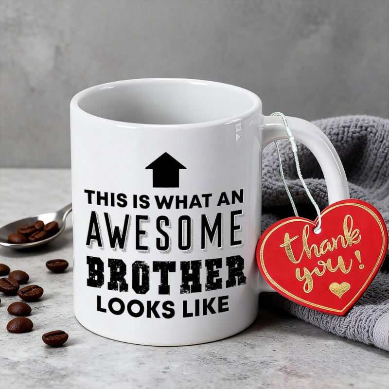 Tailorly White Ceramic 11 oz Mug - This Is What An Awesome Brother Looks Like Minimalist Black Typography Featuring A Bold Arrow Pointing Upwards Mug