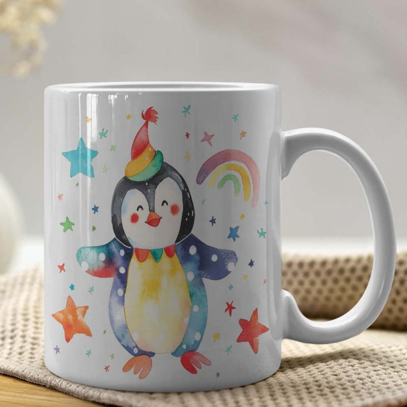 Tailorly White Ceramic 11 oz Mug - Adorable Watercolor Style Wearing A Party Hat Among Colorful Stars Penguin