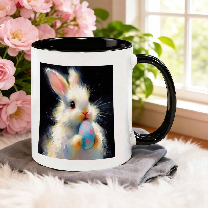 Tailorly Black Accent 11 oz Mug - rabbit holding heart shaped egg