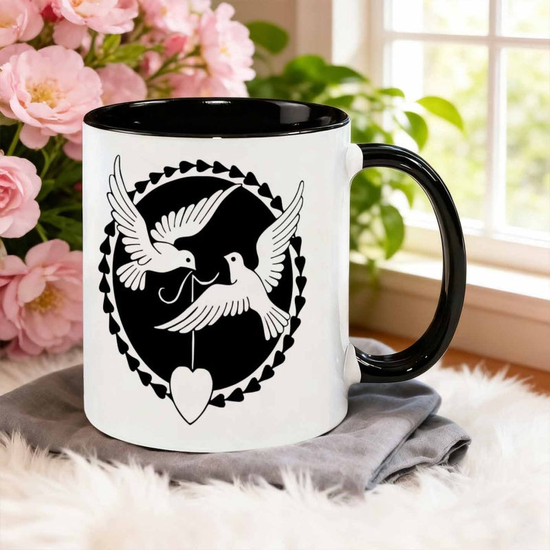 Tailorly Black Accent 11 oz Mug - two pigeons holding heart