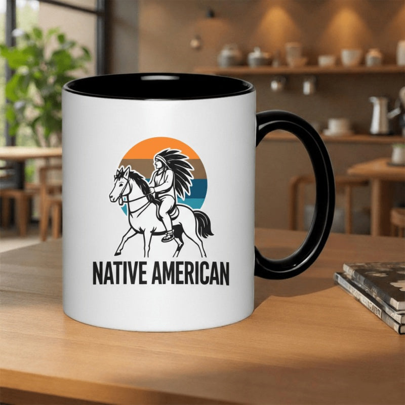 Tailorly Black Accent 11 oz Mug - feather headdress vintage sunset