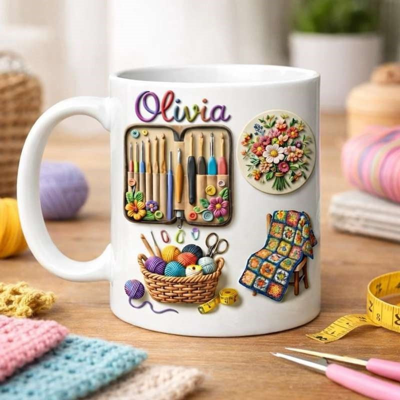 Tailorly White Ceramic 11 oz Mug - Olivia Colorful Handcrafted Crafting Tools And Yarn Basket Among Floral Patterns Crochet