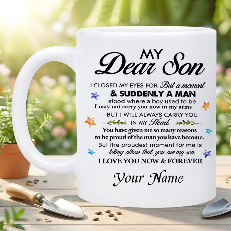 Tailorly White Ceramic 11 oz Mug - My Dear Son Your Name Elegant Script Lettering With Little Colorful Stars And Green Leaves Mug