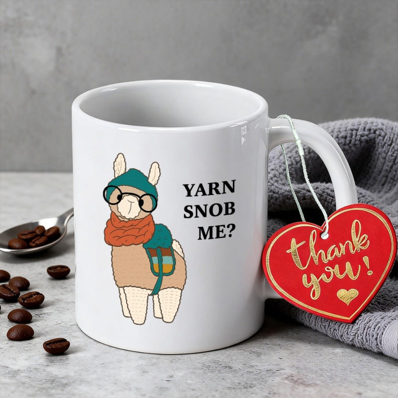 Tailorly White Ceramic 11 oz Mug - Yarn Snob Me Adorable Cartoon Animal Wearing Beanie And Scarf Standing Proudly Llama