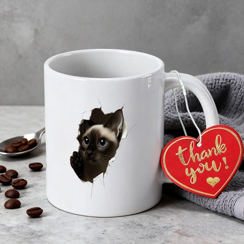 Tailorly White Ceramic 11 oz Mug - Thank You Peeking Through A Realistic Cracked White Surface Effect Cat