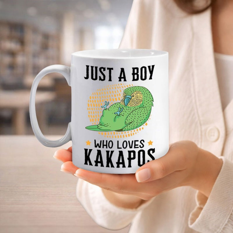 Tailorly White Ceramic 11 oz Mug - Just A Boy Who Loves Kakapos Whimsical Cartoon Green Parrot Nesting Within A Dotted Golden Circle Background Kakapo