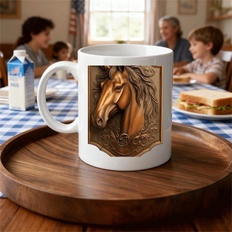 Tailorly White Ceramic 11 oz Mug - Detailed Bronze Carved Stallion Profile Within An Elegant Decorative Frame Horse